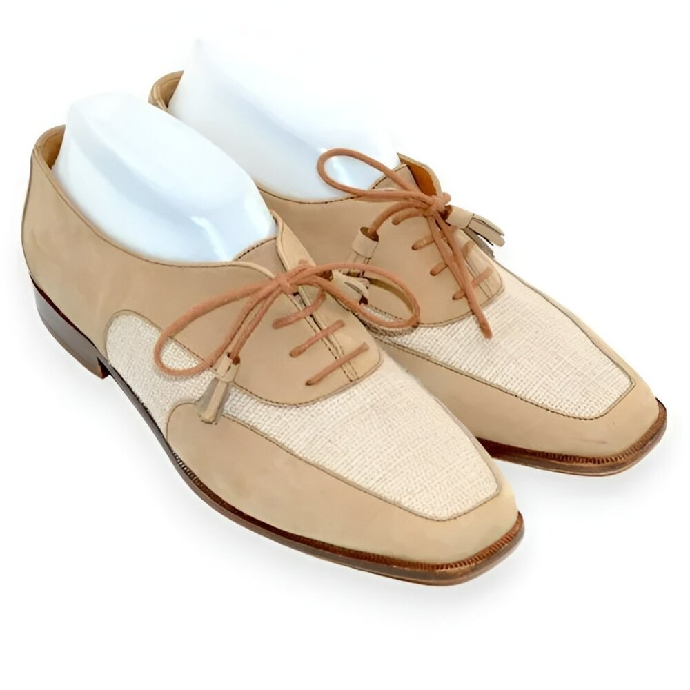 Fratelli Rossetti Luxury Camel Leather Neutral Linen Tassel Loafers 38.5 8.5